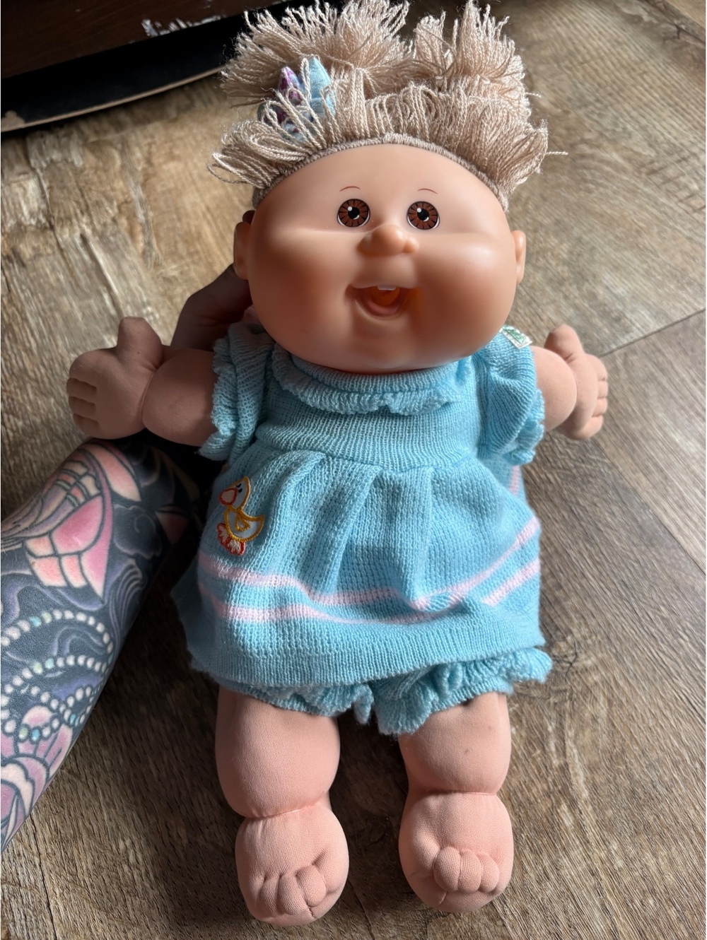 Vintage Cabbage Patch Kids Doll in Blue Dress with Blonde Yarn Hair